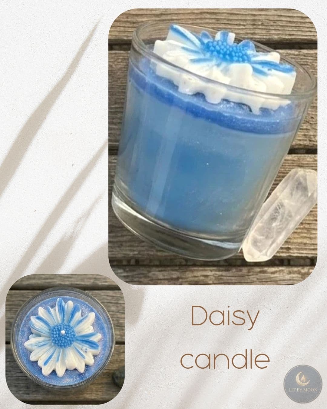 A cheerful daisy-topped candle in soft blue, crafted from natural soy wax.